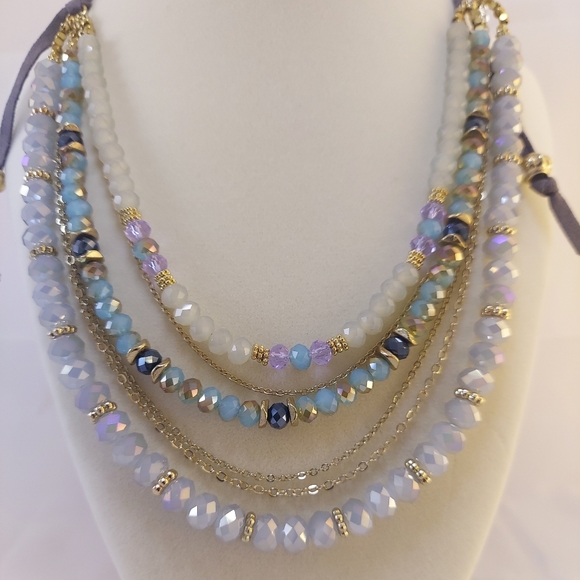 NWT Sparkle Beads and Gold Tone Chain Necklace on Leather Rope - Picture 2 of 3